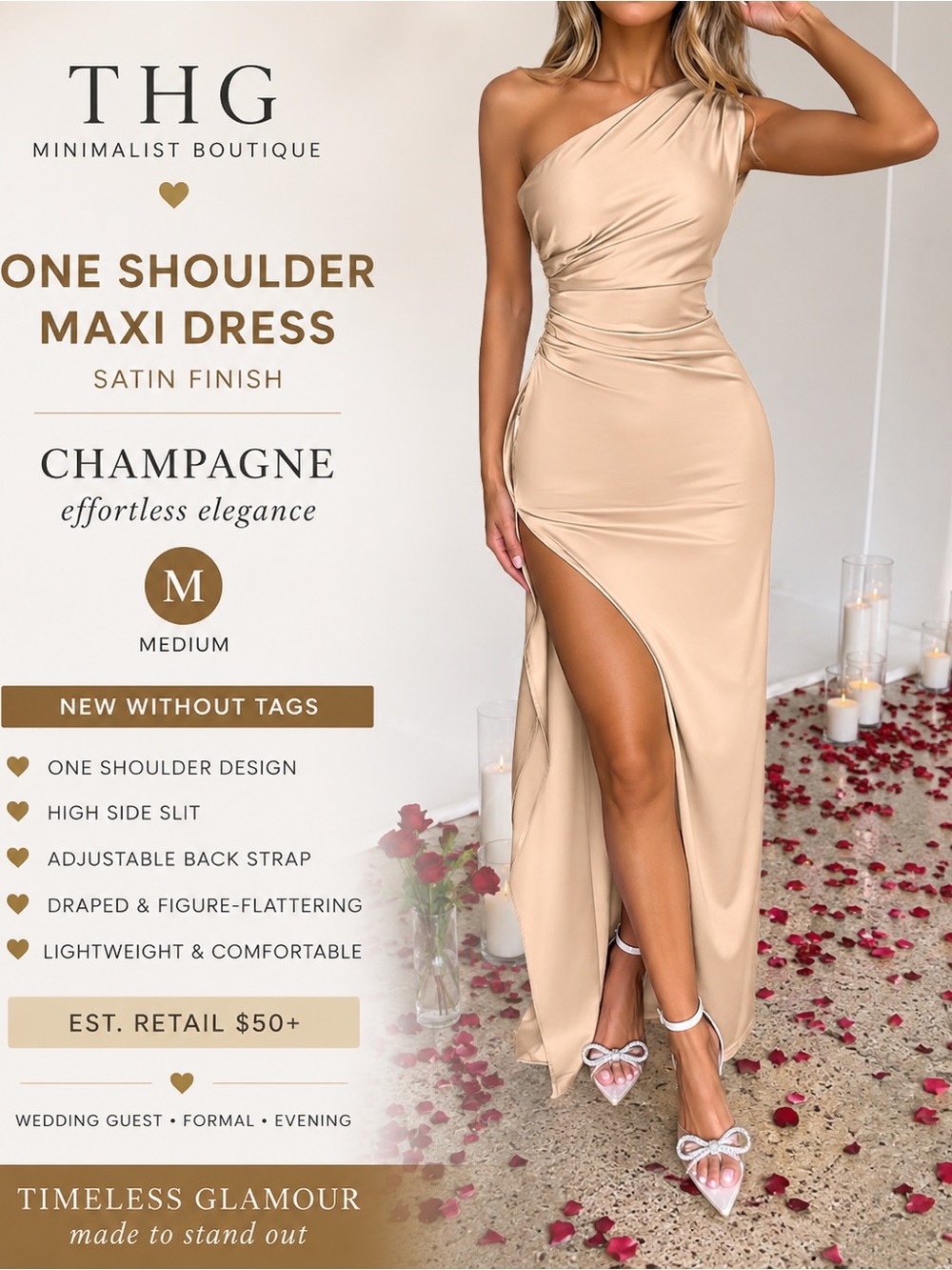 Champagne One Shoulder Satin Maxi Dress High Slit Formal Evening Gown M